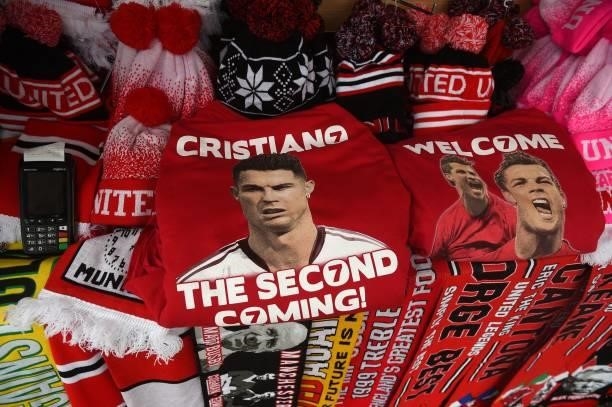 Merchandise featuring new signing Cristiano Ronaldo is seen for sale ahead of the English Premier League football match between Manchester United and...