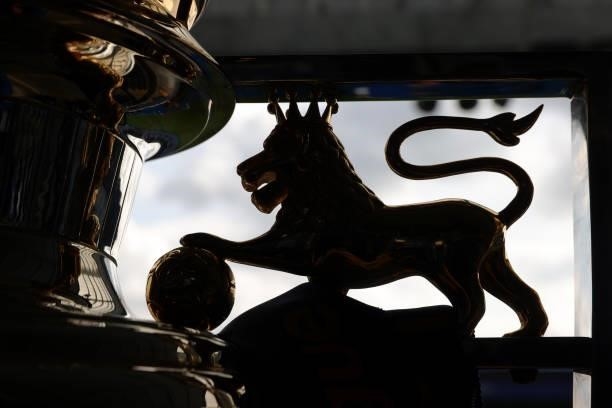 The Premier League Trophy is seen at King Power Stadium ahead of the Premier League match between Leicester City and Manchester City at King Power...