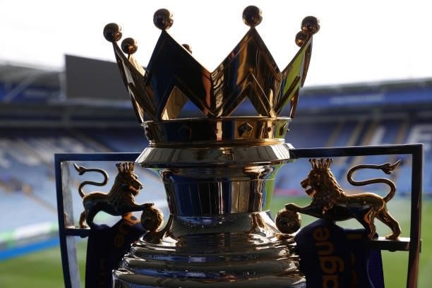 The Premier League Trophy is seen at King Power Stadium ahead of the Premier League match between Leicester City and Manchester City at King Power...