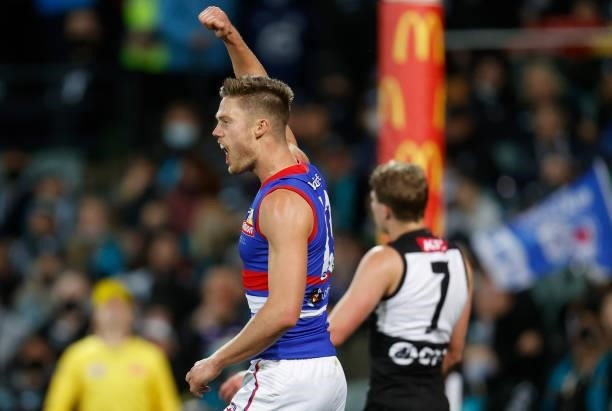 Josh Schache of the Bulldogs celebrates a goal during the 2021 AFL Second Preliminary Final match between the Port Adelaide Power and the Western...