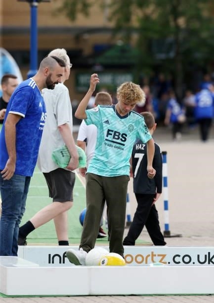 Leicester City fans take part in activities ahead of the Premier League match between Leicester City and Manchester City at King Power Stadium on...