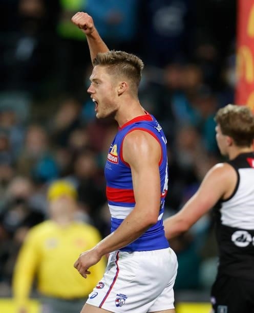 Josh Schache of the Bulldogs celebrates a goal during the 2021 AFL Second Preliminary Final match between the Port Adelaide Power and the Western...