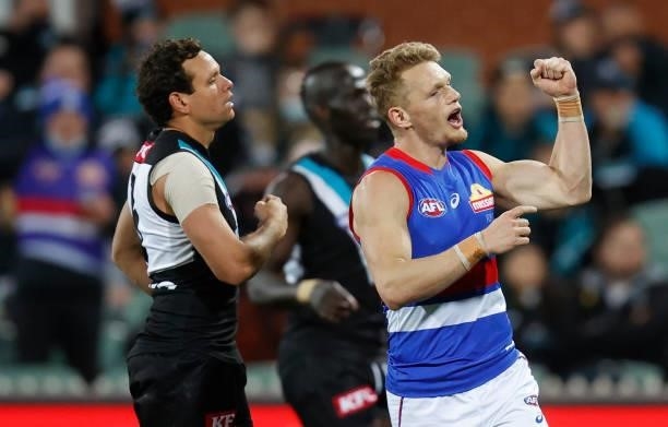 Adam Treloar of the Bulldogs celebrates a goal during the 2021 AFL Second Preliminary Final match between the Port Adelaide Power and the Western...