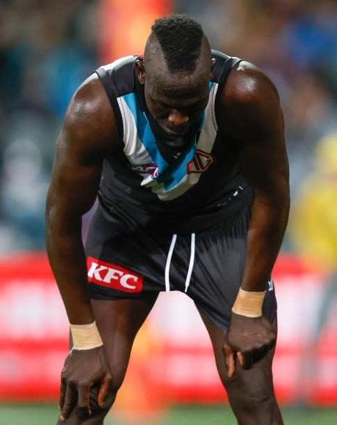 Aliir Aliir of the Power looks dejected during the 2021 AFL Second Preliminary Final match between the Port Adelaide Power and the Western Bulldogs...