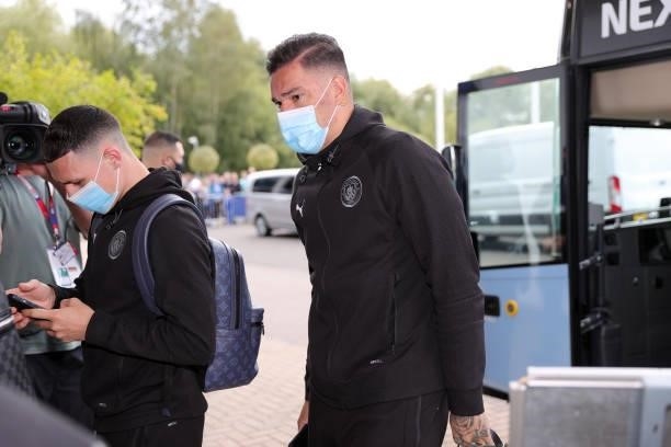 Ederson of Manchester City arrives ahead of the Premier League match between Leicester City and Manchester City at King Power Stadium on September...