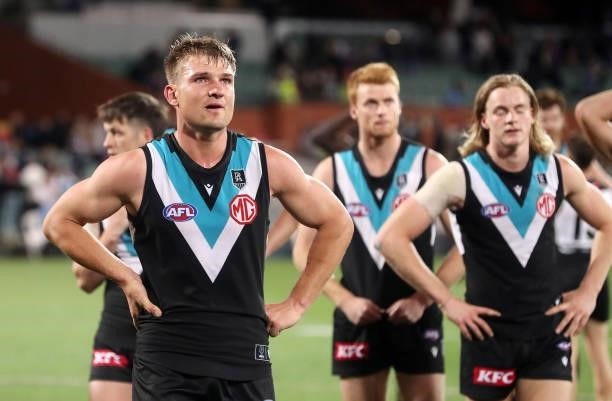 An emotional Ollie Wines of the Power after the loss during the 2021 AFL Second Preliminary Final match between the Port Adelaide Power and the...