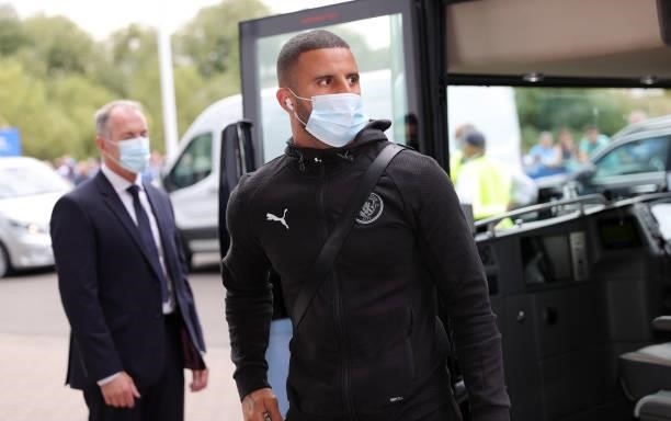 Kyle Walker of Manchester City arrives ahead of the Premier League match between Leicester City and Manchester City at King Power Stadium on...