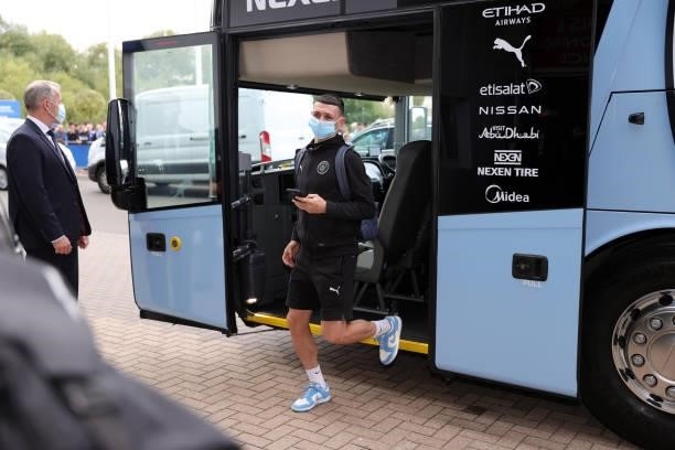 Phil Foden of Manchester City arrives ahead of the Premier League match between Leicester City and Manchester City at King Power Stadium on September...