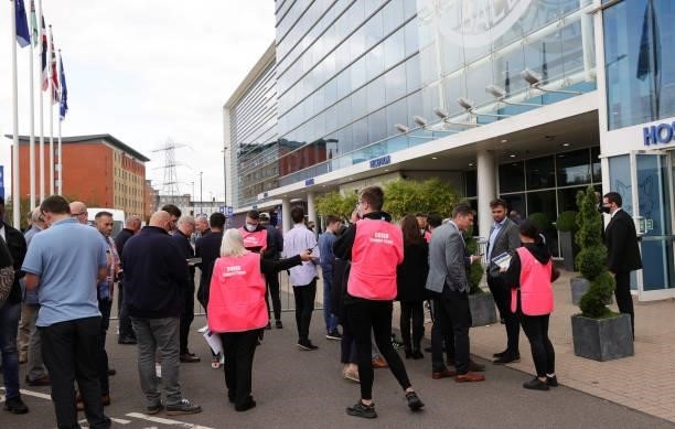 Support team members on duty ahead of the Premier League match between Leicester City and Manchester City at King Power Stadium on September 11, 2021...