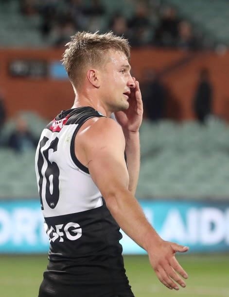An emotional Ollie Wines of the Power after the loss during the 2021 AFL Second Preliminary Final match between the Port Adelaide Power and the...