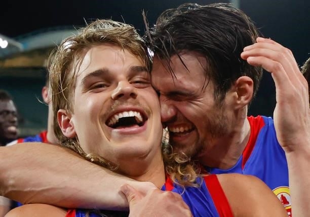 Bailey Smith and Easton Wood of the Bulldogs celebrate during the 2021 AFL Second Preliminary Final match between the Port Adelaide Power and the...