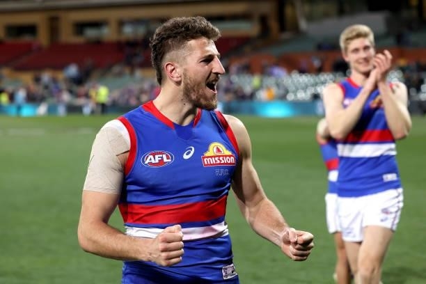 Marcus Bontempelli of the Bulldogs celebrates their win during the 2021 AFL Second Preliminary Final match between the Port Adelaide Power and the...