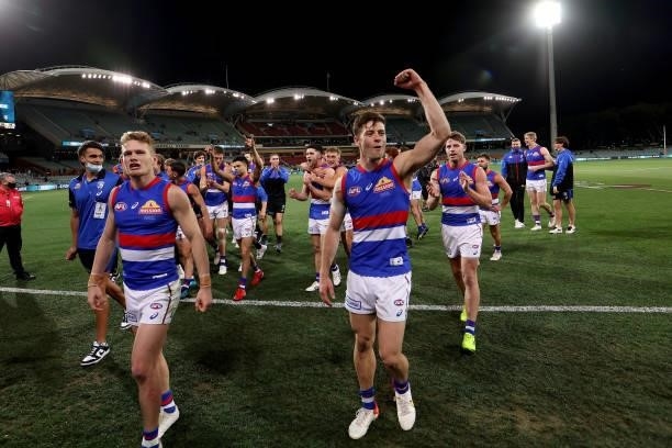 The Bulldogs celebrate their win during the 2021 AFL Second Preliminary Final match between the Port Adelaide Power and the Western Bulldogs at...