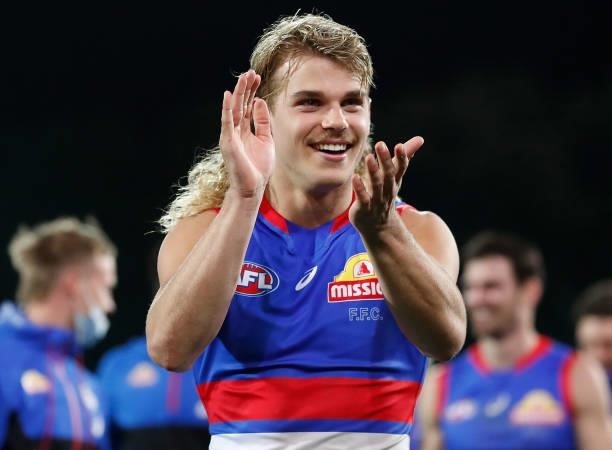 Bailey Smith of the Bulldogs celebrates during the 2021 AFL Second Preliminary Final match between the Port Adelaide Power and the Western Bulldogs...