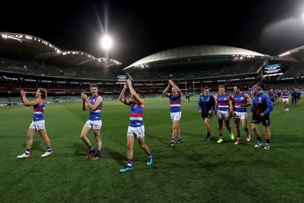 The Bulldogs celebrate their win during the 2021 AFL Second Preliminary Final match between the Port Adelaide Power and the Western Bulldogs at...