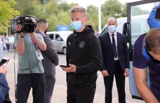 Oleksandr Zinchenko of Manchester City arrives ahead of the Premier League match between Leicester City and Manchester City at King Power Stadium on...