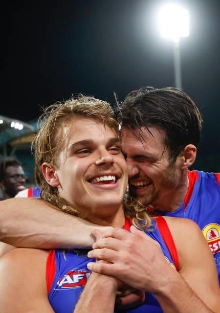 Bailey Smith and Easton Wood of the Bulldogs celebrate during the 2021 AFL Second Preliminary Final match between the Port Adelaide Power and the...