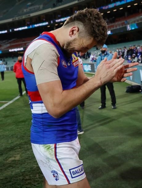 Marcus Bontempelli of the Bulldogs celebrates during the 2021 AFL Second Preliminary Final match between the Port Adelaide Power and the Western...