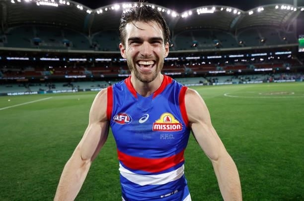 Easton Wood of the Bulldogs celebrates during the 2021 AFL Second Preliminary Final match between the Port Adelaide Power and the Western Bulldogs at...