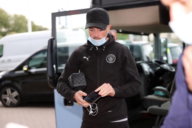 Jack Grealish of Manchester City arrives ahead of the Premier League match between Leicester City and Manchester City at King Power Stadium on...