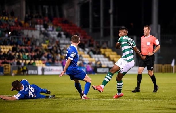 Dublin , Ireland - 10 September 2021; Aidomo Emakhu of Shamrock Rovers has his shot on goal blocked by Eddie Nolan of Waterford, which resulted in a...