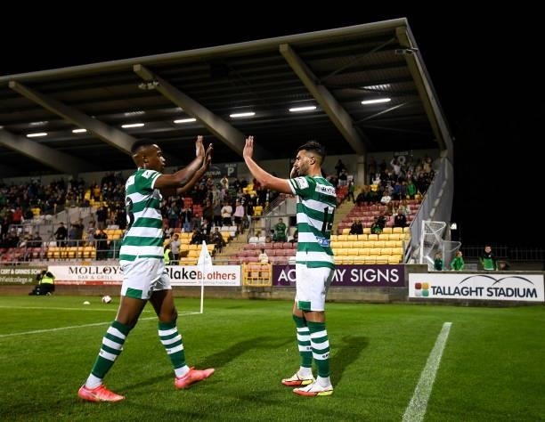 Dublin , Ireland - 10 September 2021; Danny Mandroiu celebrates with Shamrock Rovers team-mate Aidomo Emakhu after scoring their second goal during...