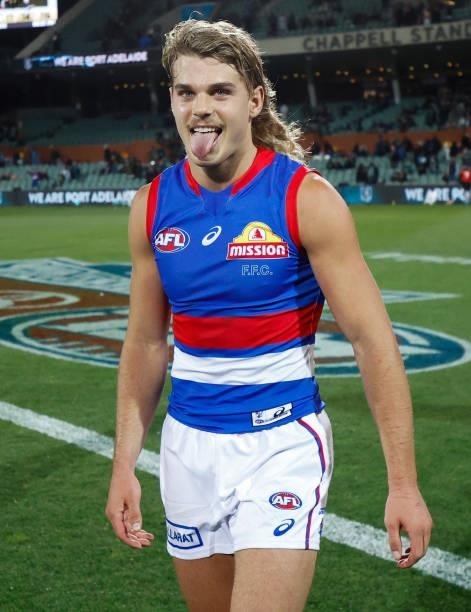 Bailey Smith of the Bulldogs celebrates during the 2021 AFL Second Preliminary Final match between the Port Adelaide Power and the Western Bulldogs...