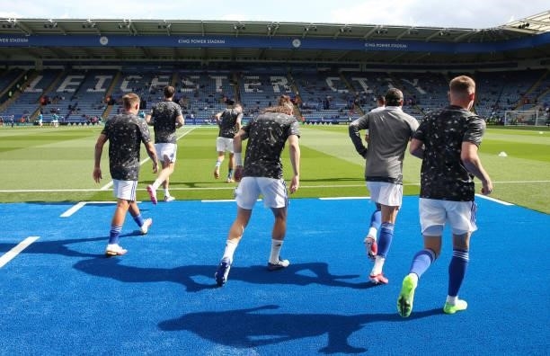 Leicester City head out to warm up ahead of the Premier League match between Leicester City and Manchester City at King Power Stadium on September...