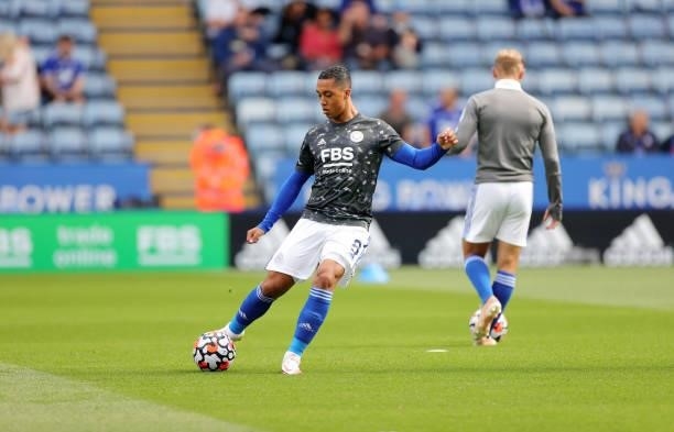 Youri Tielemans of Leicester City warms up ahead of the Premier League match between Leicester City and Manchester City at King Power Stadium on...
