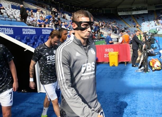 Timothy Castagne of Leicester City heads out to warm up ahead of the Premier League match between Leicester City and Manchester City at King Power...