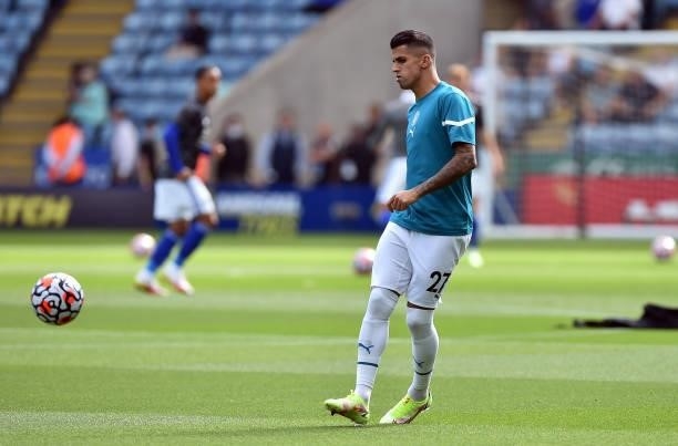 João Cancelo of Manchester City before the Premier League match between Leicester City and Manchester City at King Power Stadium on September 11,...