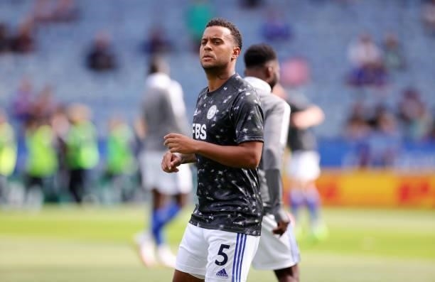 Ryan Bertrand of Leicester City warms up ahead of the Premier League match between Leicester City and Manchester City at King Power Stadium on...