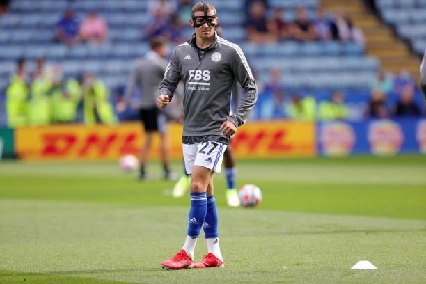 Timothy Castagne of Leicester City warms up ahead of the Premier League match between Leicester City and Manchester City at King Power Stadium on...