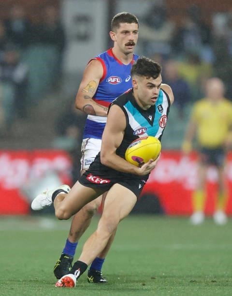 Karl Amon of the Power in action during the 2021 AFL Second Preliminary Final match between the Port Adelaide Power and the Western Bulldogs at...