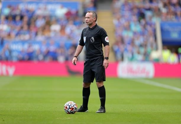 Referee Paul Tierney during the Premier League match between Leicester City and Manchester City at King Power Stadium on September 11, 2021 in...