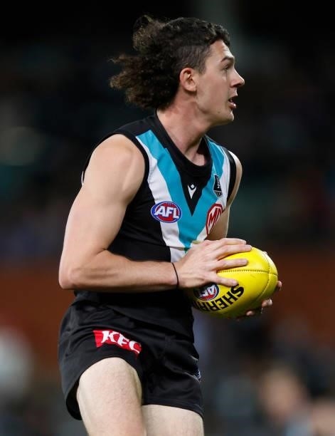 Darcy Byrne-Jones of the Power in action during the 2021 AFL Second Preliminary Final match between the Port Adelaide Power and the Western Bulldogs...