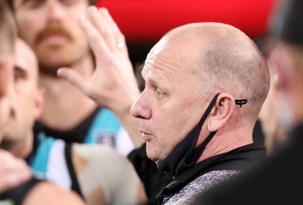 Ken Hinkley, Senior Coach of the Power at 3 quarter time during the 2021 AFL Second Preliminary Final match between the Port Adelaide Power and the...