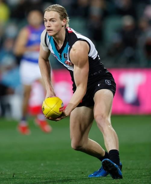 Miles Bergman of the Power in action during the 2021 AFL Second Preliminary Final match between the Port Adelaide Power and the Western Bulldogs at...