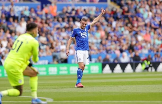 Jamie Vardy of Leicester City during the Premier League match between Leicester City and Manchester City at King Power Stadium on September 11, 2021...