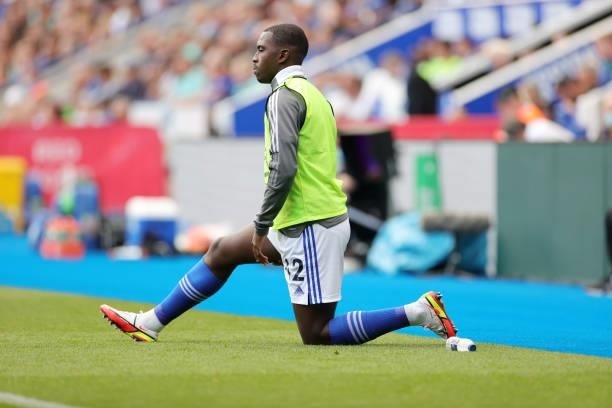 Boubakary Soumaré of Leicester City warms up from the bench during the Premier League match between Leicester City and Manchester City at King Power...