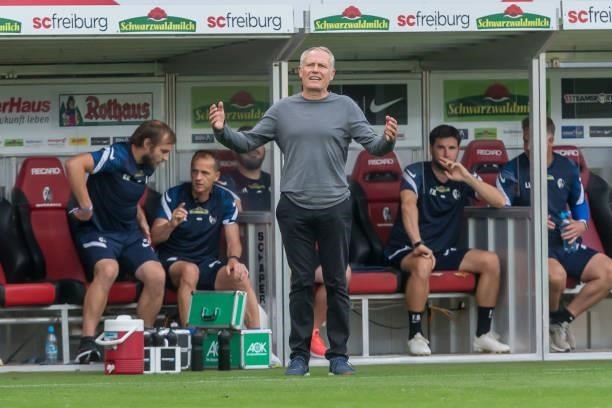 Head coach Christian Streich of SC Freiburg gestures during the Bundesliga match between Sport-Club Freiburg and 1. FC Koeln at Dreisamstadion on...