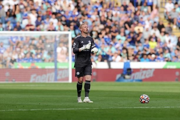 Kasper Schmeichel of Leicester City during the Premier League match between Leicester City and Manchester City at King Power Stadium on September 11,...