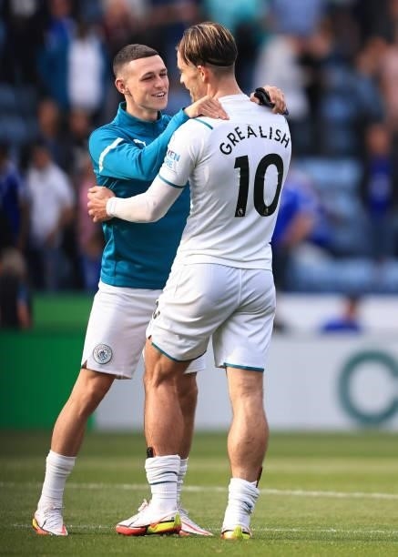 Jack Grealish and Phil Foden of Manchester City during the Premier League match between Leicester City and Manchester City at The King Power Stadium...