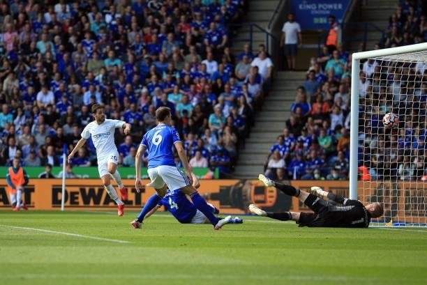 Manchester City's Portuguese midfielder Bernardo Silva scores past Leicester City's Danish goalkeeper Kasper Schmeichel during the English Premier...