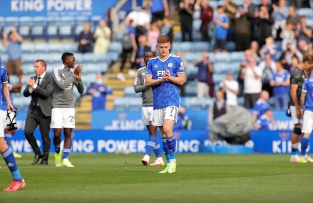 Harvey Barnes of Leicester City applauds the fans after the Premier League match between Leicester City and Manchester City at King Power Stadium on...