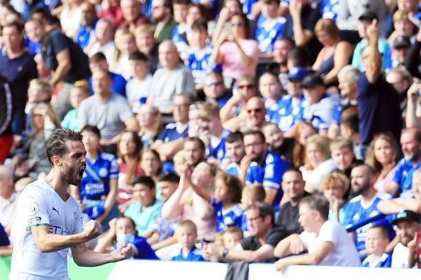 Manchester City's Portuguese midfielder Bernardo Silva celebrates scoring during the English Premier League football match between Leicester City and...