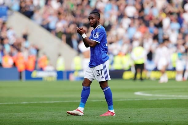Ademola Lookman of Leicester City applauds the fans after the Premier League match between Leicester City and Manchester City at King Power Stadium...