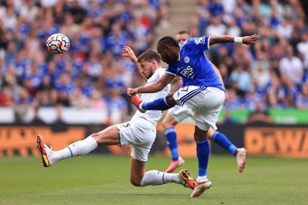 Ruben Dias of Manchester City blocks a shot from Ademola Lookman of Leicester City during the Premier League match between Leicester City and...