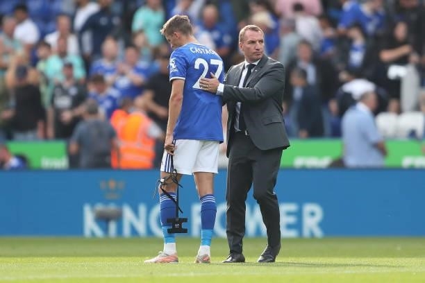 Timothy Castagne of Leicester City and Brendan Rodgers the manager / head coach of Leicester City during the Premier League match between Leicester...