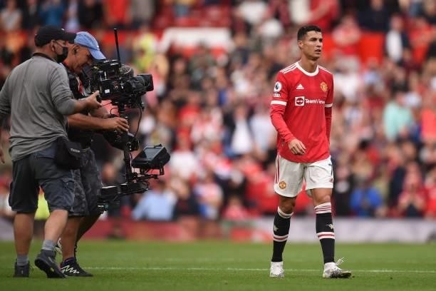 Manchester United's Portuguese striker Cristiano Ronaldo leaves after the English Premier League football match between Manchester United and...